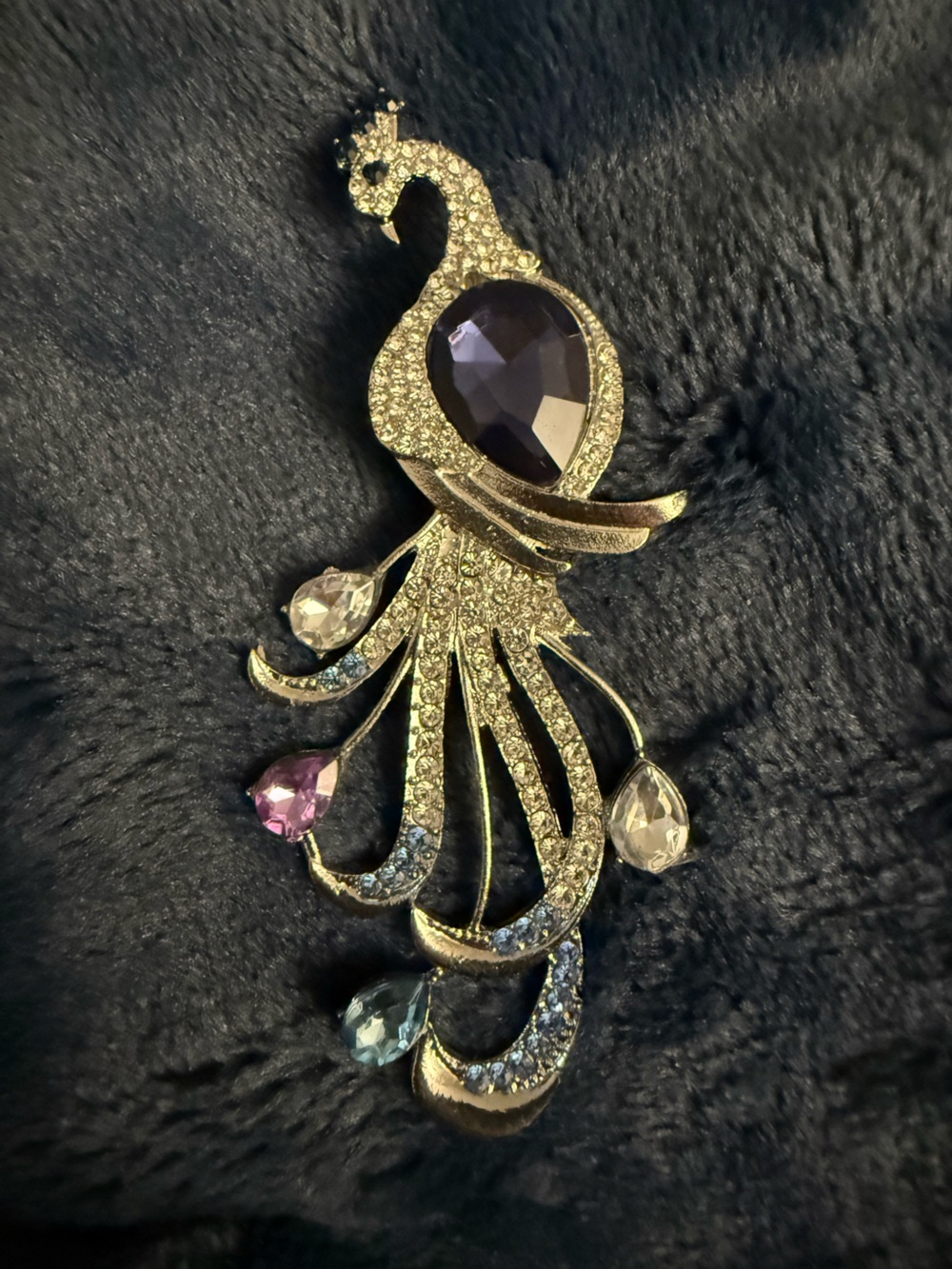 Brooch Peacock Purple Tear Drop Body Pin Gold Tone #12
